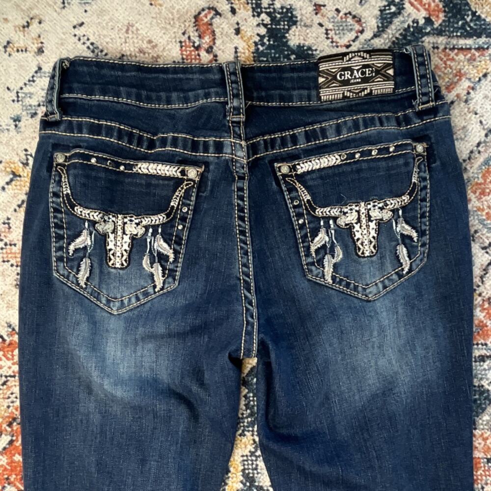 Grace LA Women's Bootcut Jeans Mid Rise Dark Wash Blue Denim Embroidered Sz 28